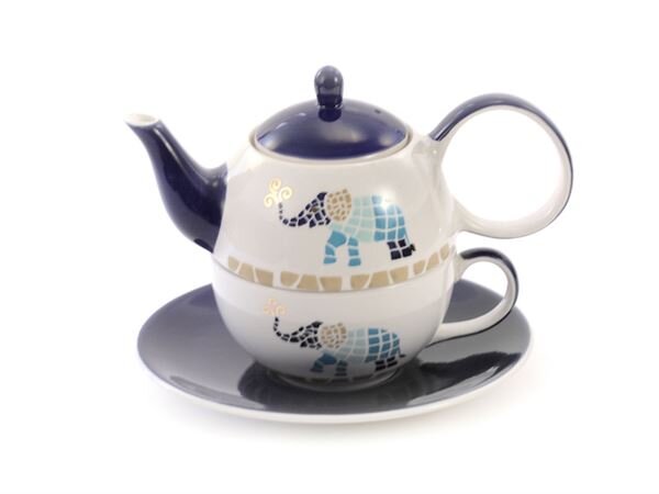 Tea-for-one-Set Elefanten-Dekor, Tee-Set, Keramik mit Goldauflage 4-teilig Geschenk